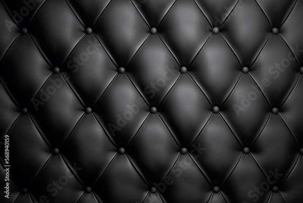 Fototapeta Black leather quilted cushion background, couch texture closeup studded with buttons, seamless pattern for design, wallpaper