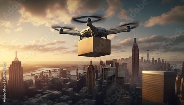 Obraz top view delivery drone ,new you york city in the background, Cinematic landscape,Generative AI	