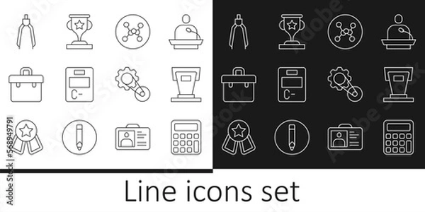 Fototapeta Set line Calculator, Stage stand, Chemical formula, Exam paper with incorrect answers, Briefcase, Drawing compass, Timing belt kit and Award cup icon. Vector