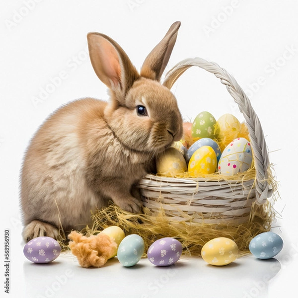Fototapeta Adorable easter bunny sitting next to a basket of coloured eggs isolated on a white background - generative AI