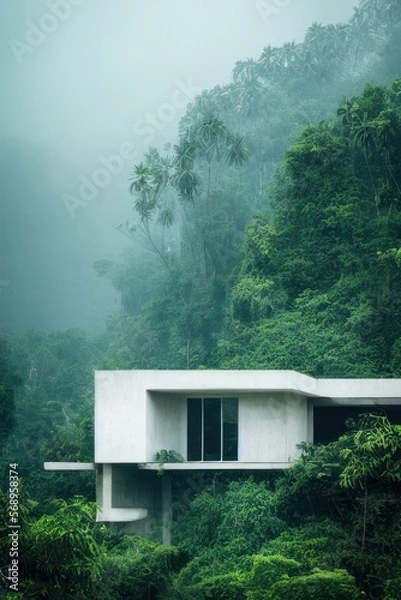 Fototapeta Exterior perspective of a concrete minimalistic modern building low one story house situated in the jungle, AI generated