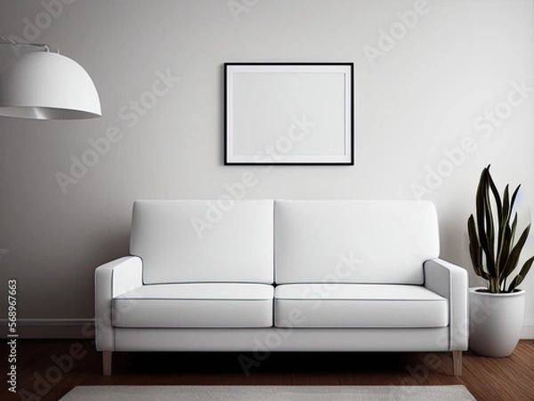 Fototapeta Blank poster frame mock up in scandinavian style living room interior, modern living room interior background, white sofa on wooden floor, 3d rendering, generative ai