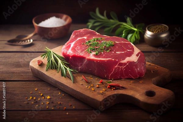 Fototapeta Raw piece of beef steak on wooden board. Generative AI