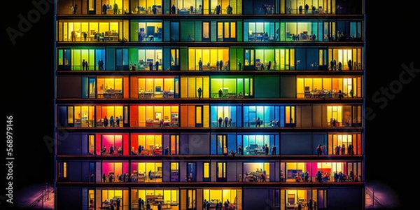 Fototapeta Appartmenthaus Bürohaus Abstrakt Surreal Frontalansicht Horizontal bei Nacht Generative AI Digital Art Illustration Kunst Hintergrund Background Cover Kunst 