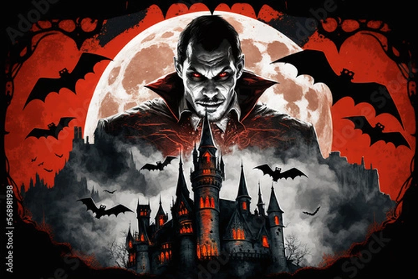 Fototapeta Scary horror and haunted Dracula vampire castle with bats. Creepy atmosphere. Ai generated