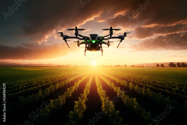 Fototapeta Drone flying monitoring plantation on smart farm. Modern agriculture, terrain scanning technology. AI generated