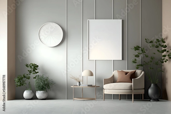 Fototapeta Contemporary home design with neutral grey walls and large frame mockup. Light minimalist japandi living room interior design. Generative AI.