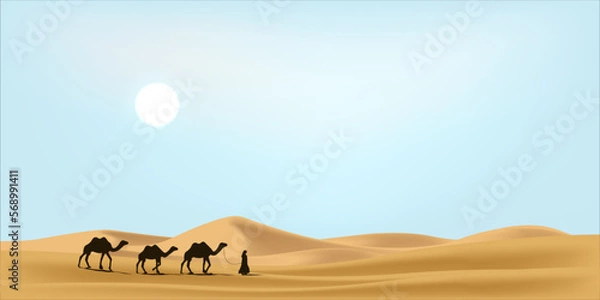 Obraz Ramadan desert background with mosque and silhouette of camels caravan.