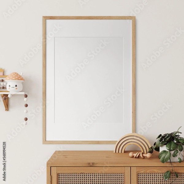 Fototapeta Frame mockup in the children's room interior. Nursery Interior. Boho scandinavian eco style. 3d rendering, 3d illustration	

