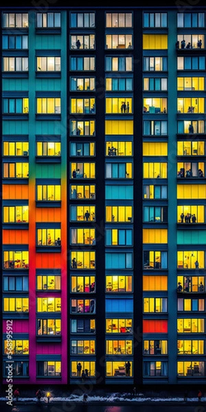 Fototapeta Appartmenthaus Bürohaus Abstrakt Surreal Frontalansicht Vertikal bei Nacht Generative AI Digital Art Illustration Kunst Hintergrund Background Cover Kunst