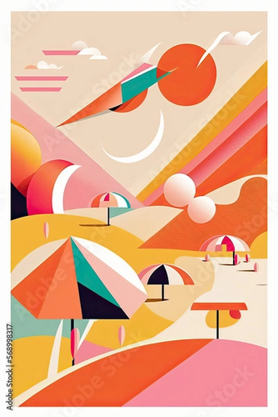 Fototapeta summer background with beach scene in orange tone colors, generative ai illustration