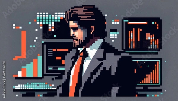 Fototapeta Pixel art of business man trading stock market background. Financial concept. Generative AI