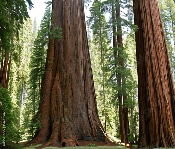 Fototapeta a vertical shot of a huge redwood forest on a sunny day