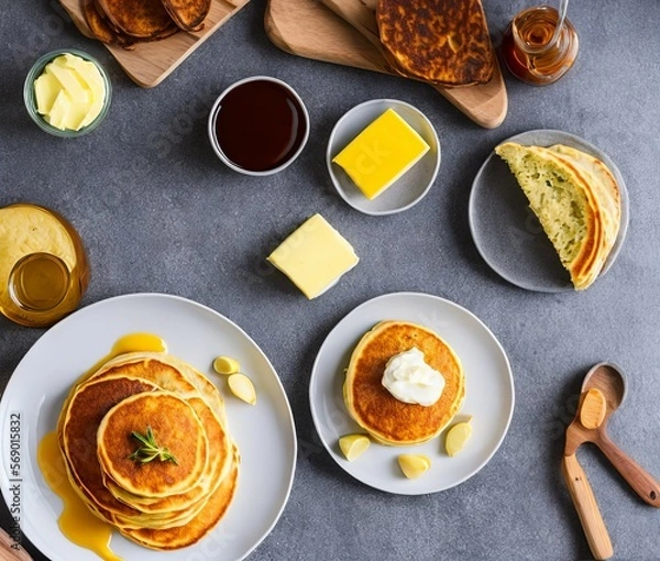 Fototapeta pancakes with honey and tea on a white plate. top view.
