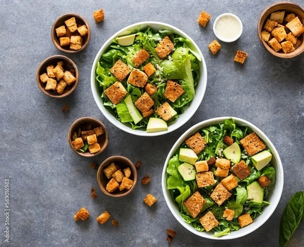 Fototapeta salad with cruton, fresh vegetables and feta cheese on white plate on a light background. top view.