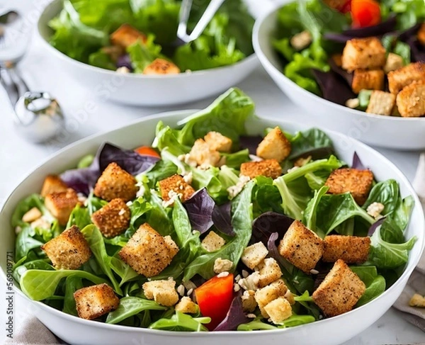 Fototapeta salad with cruton, fresh vegetables and feta cheese on white plate on a light background. top view.