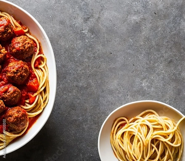 Fototapeta pasta with meatballs on a plate on a concrete background. top view. flat lay. copy space.