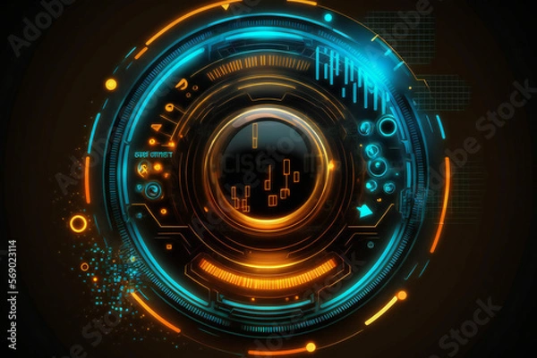 Fototapeta Data center interface futuristic concept. Circular hud element of big data. Cyber system security for technology business graphic resouces. Generative AI image .