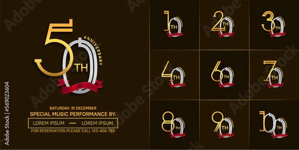 Obraz set of anniversary silver and golden color with red ribbon for special celebration event