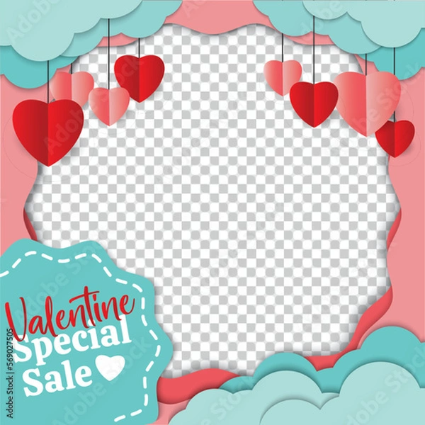 Fototapeta Valentine's square banner design template.  background with love line frame. Usable for social media post, greeting card, banner, and web ad.