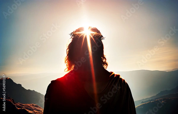 Fototapeta  Widok Jezusa Chrystusa z koroną tronu i modlącą się do Boga z tłem nieba wschodem słońca. Koncepcja Wielkiego Piątku i Dnia Wielkanocy. Generatywny AI