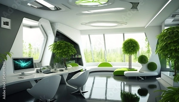 Fototapeta Futuristic modern creative room office  created with generative ai technology