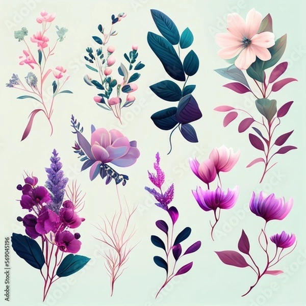 Fototapeta Watercolor flowers set. Collection of decorative elements bright colorful flowers, leaves, grass, hand drawn with watercolors. Decoration Watercolor flowers isolated. Generative AI