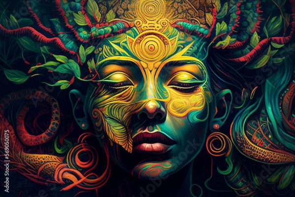 Fototapeta Ayahuasca compilation.Shamanic meditation. The journey of consciousness. Mystical Shaman. Generative AI.