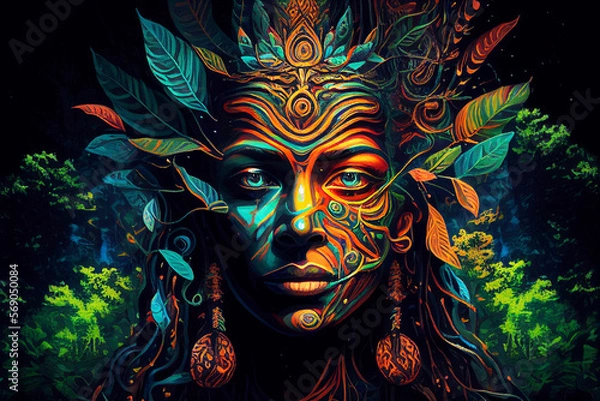 Obraz Ayahuasca compilation.Shamanic meditation. The journey of consciousness. Mystical Shaman. Generative AI.