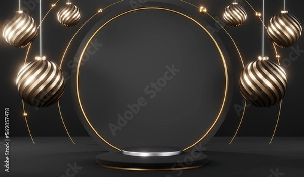 Fototapeta 3d render black podium background showcases a premium, minimal and modern design with a combination of geometric shapes, golden glitter and a realistic studio room setting, creating a perfect platform
