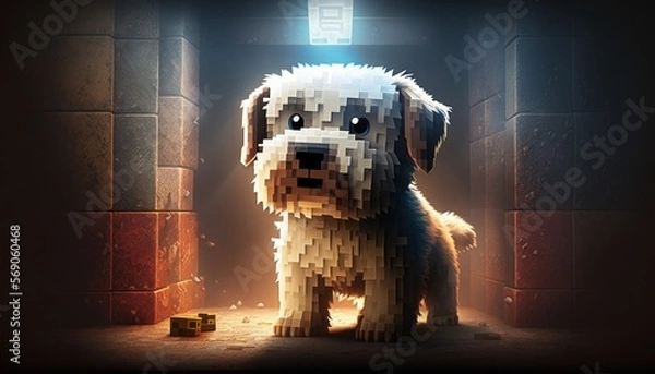 Fototapeta Creative 4k high resolution wallpaper art of a dog inspired by game movie with Blocky, pixelated and set in a procedurally generated world by Printmaking (generative AI)