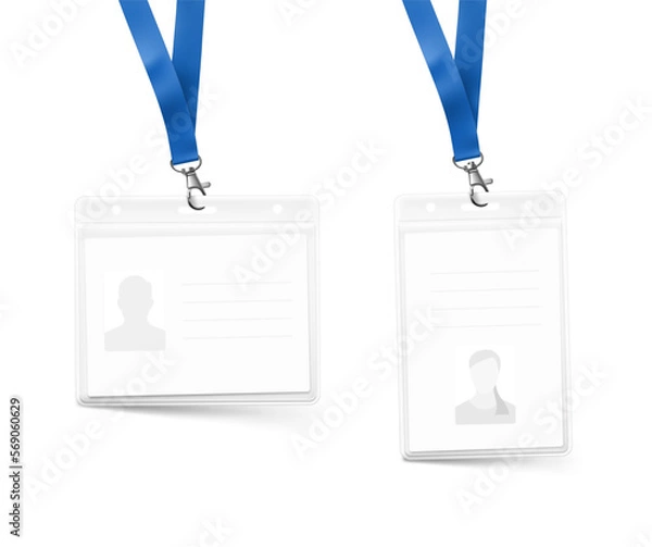 Fototapeta Set of lanyards with id card. Vector illustration isolated on white background. Ready mockup to use for for presentations, conferences and other business situations. EPS10.
