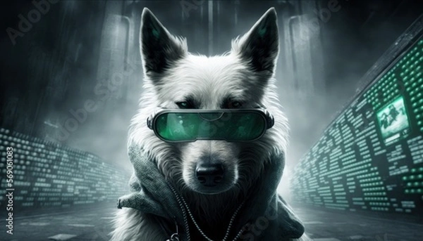 Fototapeta Creative 4k high resolution wallpaper art of a dog inspired by game movie with Dark, cyberpunk-inspired virtual reality and futuristic city environments by Photography (generative AI)