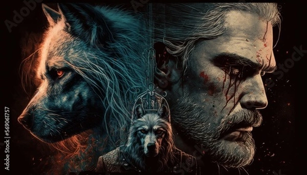 Fototapeta Creative 4k high resolution wallpaper art of a dog inspired by game movie with Gritty and mature with medieval-inspired fantasy environments and creatures by Printmaking (generative AI)