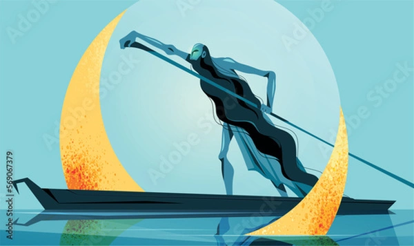 Fototapeta The mythological character Charon is sailing in a boat on the river Styx. Vector illustration, character design.