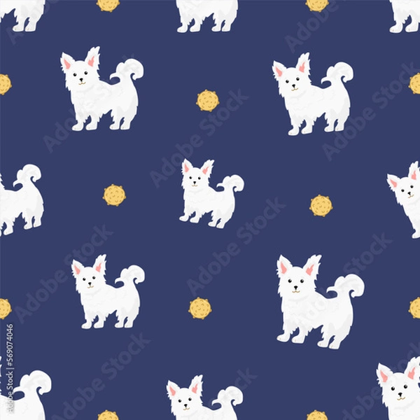 Fototapeta Bichon frise Teacup seamless pattern. Different coat colors and poses set. Vector illustration
