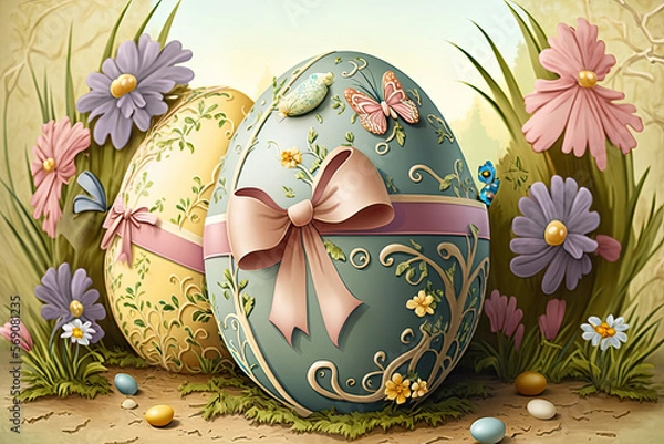 Obraz easter eggs with bow and flowers