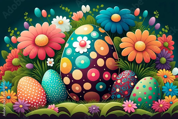 Obraz Colorfull easter eggs and flowers