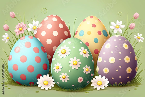 Obraz Cute easter eggs on green grass