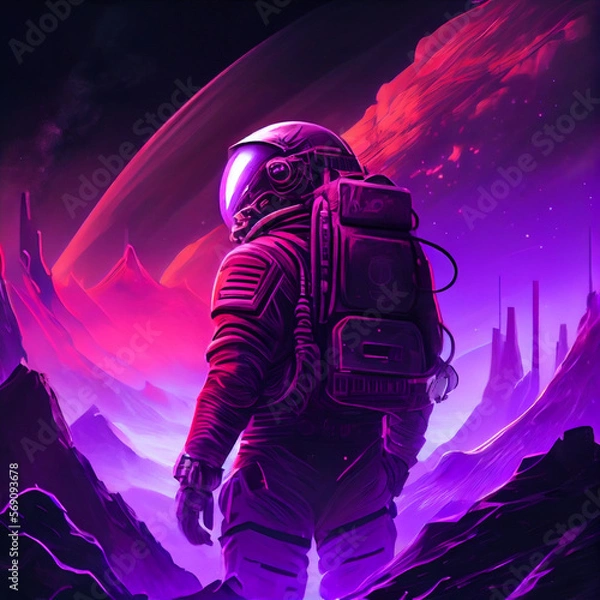Fototapeta 3D illustration of science fiction scene showing astronaut viewing space and planets from mountain surrounded by asteroids in space. Retrowave. Generative Ai.