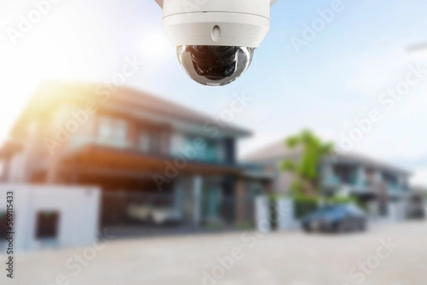 Fototapeta CCTV security camera, TV monitoring at house village building construction, security system concept.