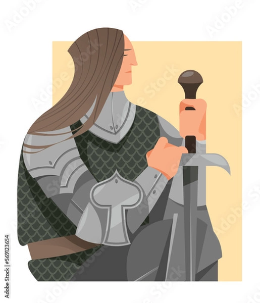 Fototapeta Portrait of a medieval knight with a sword. Vector illustration, character design.