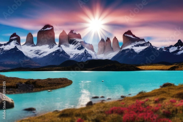 Obraz sunset in the mountains with direct sunlight perfect symmetry and orange skies over clear blue lake