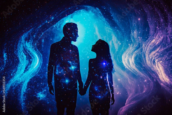 Fototapeta Spiritual representation of the silhouette of a couple of man and woman on a cosmic background.. Generative AI