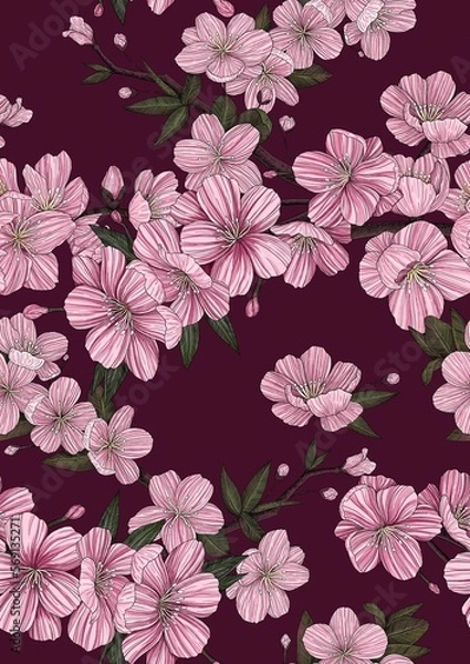 Fototapeta Floral seamless pattern. Background of cherry blossom branches. Sakura. Hand-drawn