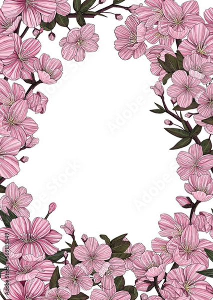 Obraz Sakura. A frame made of cherry branches. Cherry blossoms. Hand-drawn in vintage style.