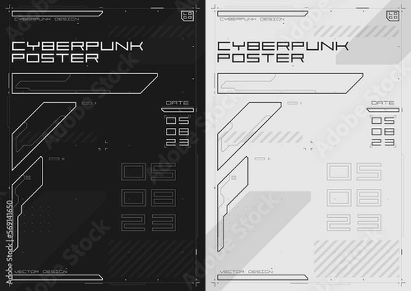Fototapeta Cyberpunk futuristic poster set. Modern cyberpunk design for web and print template. Tech flyer with HUD elements. Abstract futuristic digital technology black and white design, inversion. Vector