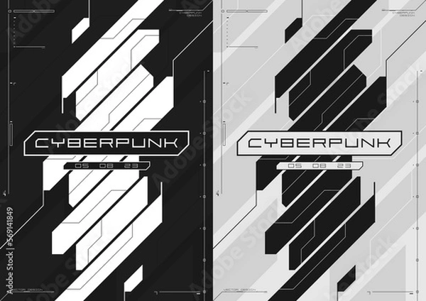 Obraz Cyberpunk futuristic poster set. Modern cyberpunk design for web and print template. Tech style flyer with HUD elements. Abstract futuristic technology black and white design, inversion. Vector