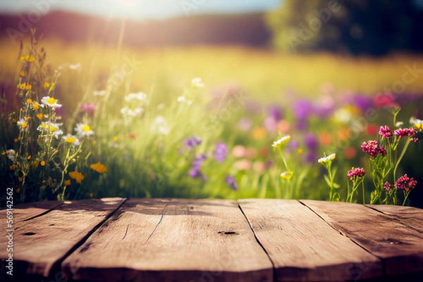 Fototapeta Wildflowers and wooden table background created with generative Ai technology