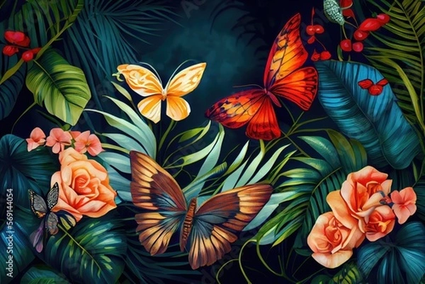 Fototapeta Tropical background wallpaper of palm leaves and roses with colorful butterflies. Generative AI.